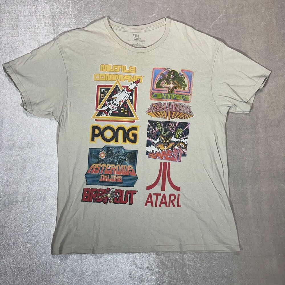 Atari Graphic T-Shirt Size Large Beige Retro Video Game Tee Pong Asteroids